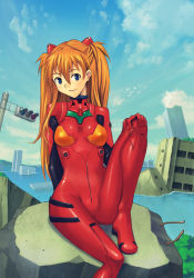 Rule 34 | 1girl, arm behind back, blue eyes, bodysuit, bracer, breasts, building, cloud, day, duplicate, gloves, hair between eyes, hair ornament, hand on own knee, hashi, hip focus, knee up, light smile, long hair, looking at viewer, mountain, neon genesis evangelion, orange hair, outdoors, plugsuit, rebuild of evangelion, rock, ruins, shiny clothes, sky, skyscraper, small breasts, smile, solo, souryuu asuka langley, traffic light, turtleneck, two side up, water