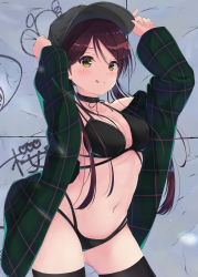 Rule 34 | 1girl, :q, absurdres, adjusting clothes, adjusting headwear, alternate hairstyle, amakawa ruka, bikini, bikini under clothes, black thighhighs, blush, breasts, cleavage, collarbone, commentary request, gluteal fold, graffiti, green jacket, hat, highres, jacket, long hair, looking at viewer, love live!, love live! sunshine!!, medium breasts, navel, open clothes, red hair, sakurauchi riko, smug, solo, swimsuit, swimsuit under clothes, thighhighs, tongue, tongue out, twintails, upper body, wall, yellow eyes