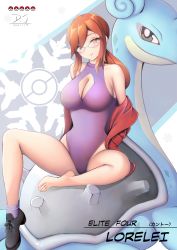 Rule 34 | 1girl, absurdres, alternate costume, bare shoulders, black footwear, breasts, character name, cleavage, cleavage cutout, clothing cutout, commission, creatures (company), d.j (dwcg2854), full body, game freak, glasses, highres, jacket, large breasts, long hair, looking at viewer, lorelei (pokemon), nintendo, one-piece swimsuit, open clothes, open jacket, orange eyes, orange hair, pixiv commission, pokemon, pokemon frlg, purple one-piece swimsuit, purple socks, red jacket, shoes, single shoe, socks, solo, swimsuit