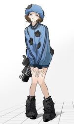 Rule 34 | 1girl, animal bag, bag, belt boots, black flower, black footwear, blue eyes, blue hat, blue jacket, blue shorts, blush, boots, brown hair, commentary, flower, full body, fur boots, half-closed eyes, hands on own thighs, hat, hat flower, highres, jacket, kimura 731, knees together feet apart, long sleeves, looking at viewer, original, parted lips, pigeon-toed, short hair, shorts, simple background, solo, standing, stuffed animal, stuffed rabbit, stuffed toy, symbol-only commentary, tile floor, tiles, white background