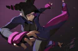 Rule 34 | 1girl, biker clothes, black nails, breasts, capcom, drill hair, dynamic pose, eyepatch, fingerless gloves, gloves, han juri, highres, impossible clothes, kicking, kobayashi gen, nail polish, pink eyes, purple theme, signature, simple background, smirk, solo, street fighter, street fighter v, toes, twin drills, zipper leotard