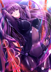 Rule 34 | 1girl, blush, bodysuit, chestnut mouth, cowboy shot, fate/grand order, fate (series), gae bolg (fate), hair between eyes, impossible bodysuit, impossible clothes, long hair, looking at viewer, polearm, purple bodysuit, purple eyes, purple hair, scathach (fate), shirakawa (pixiv21273343), solo, spear, weapon