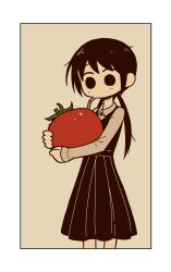 Rule 34 | 1girl, black border, black dress, black eyes, black hair, border, collared shirt, cowboy shot, dress, drinking straw, food, highres, holding, holding food, long hair, long sleeves, low twintails, original, oversized food, oversized object, pinafore dress, pleated dress, shirt, simple background, sleeveless, sleeveless dress, solo, takurada, tomato, twintails, white shirt