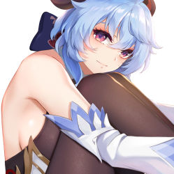 Rule 34 | 1girl, bare shoulders, black pantyhose, blue bow, blue hair, bodysuit, bow, breasts, closed mouth, commentary request, detached sleeves, from side, ganyu (genshin impact), genshin impact, goat horns, hair bow, highres, horns, knees up, liu guniang, long hair, looking at viewer, looking to the side, medium breasts, pantyhose, purple eyes, sideboob, simple background, solo, white background