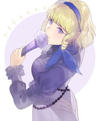 Rule 34 | 1girl, aym (ash3ash3ash), bad id, bad twitter id, blonde hair, blue eyes, blue hairband, closed mouth, constance von nuvelle, earrings, fire emblem, fire emblem: three houses, from side, garreg mach monastery uniform, hairband, hand fan, highres, holding, jewelry, long sleeves, looking to the side, nintendo, solo, uniform
