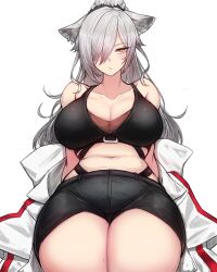 Rule 34 | 1girl, absurdres, animal ear fluff, animal ears, arknights, arm support, bare shoulders, black shorts, breasts, bright pupils, cat ears, cleavage, closed mouth, collarbone, crop top, hair over one eye, highres, huge breasts, jacket, leaning back, long hair, looking at viewer, navel, off shoulder, open clothes, open jacket, orange eyes, ponytail, rikuguma, schwarz (arknights), short shorts, shorts, simple background, sitting, solo, thighs, very long hair, white background, white jacket