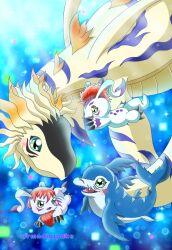 Rule 34 | 4others, claws, digimon, digimon (creature), gomamon, gomamon x-antibody, green eyes, highres, looking at another, multiple others, plesiomon, plesiosaur, rukamon, tail