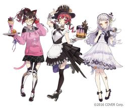 Rule 34 | 2016, 3girls, animal ears, apron, artist request, black thighhighs, breasts, brown hair, copyright notice, crepe, dress, food, glasses, halloween, halloween costume, hat, heart on cheek, heterochromia, hololive, houshou marine, large breasts, maid apron, mechanical legs, medium breasts, multiple girls, murasaki shion, one leg raised, pancake, plate, pumkin, pumpkin, red hair, roboco-san, simple background, skirt, small breasts, smile, thighhighs, twintails, virtual youtuber, white background, white hair