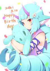 Rule 34 | 1girl, ahoge, animal ear fluff, animal ears, blue hair, blunt bangs, closed mouth, compass (instrument), confetti, delmin (show by rock!!), drill hair, hair ornament, happy birthday, highres, hinotama (hinotama422), horns, light blue hair, light smile, long hair, multicolored eyes, purple horns, red eyes, show by rock!!, simple background, solo, very long hair, white background, yellow eyes