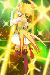 Rule 34 | 1girl, blonde hair, brown thighhighs, bubble skirt, cone hair bun, cure sparkle, earrings, from behind, gloves, green eyes, hair bun, haruyama kazunori, healin&#039; good precure, hiramitsu hinata, jewelry, magical girl, open mouth, pom pom (clothes), pom pom earrings, precure, short hair, skirt, smile, solo, sparkle background, standing, standing on one leg, thighhighs, twintails, v, white gloves