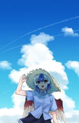 Rule 34 | 1girl, absurdres, adjusting clothes, adjusting headwear, blue hair, blue sky, blush, brown eyes, collared shirt, gunsou1350, hat, highres, looking at viewer, medium hair, multicolored hair, open mouth, shirt, short sleeves, silver hair, sky, smile, solo, sun hat, tokiko (touhou), touhou, two-tone hair, white shirt, wings