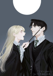 Rule 34 | 1boy, 1girl, absurdres, artist name, black coat, black hair, black sweater, blonde hair, blue eyes, character name, coat, collared shirt, draco malfoy, eye contact, from side, full moon, genderswap, genderswap (mtf), green necktie, grey background, hair behind ear, hair over one eye, hand up, harry potter (series), highres, hogwarts school uniform, holding, holding wand, long hair, long sleeves, looking at another, looking away, looking down, meerajebt, moon, necktie, open mouth, profile, school uniform, shirt, short hair, simple background, slytherin, striped necktie, sweater, threat, time paradox, tom marvolo riddle, upper body, wand, white shirt, wizarding world
