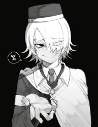 Rule 34 | 1boy, cape, collared shirt, commentary request, evil grin, evil smile, greyscale, grin, hair over one eye, hat, highres, jacket, long sleeves, looking at viewer, male focus, master detective archives: rain code, monochrome, natto rain, necktie, shirt, short hair, simple background, smile, solo, speech bubble, translated, upper body, yomi hellsmile