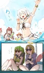 Rule 34 | 6+girls, alina gray, alina gray (swimsuit costume), amane tsukasa, amane tsukasa (swimsuit ver.), azusa mifuyu, azusa mifuyu (swimsuit costume), bare shoulders, bikini, blonde hair, blush, bow, braid, breasts, brown hair, closed mouth, cocktail glass, cup, drinking glass, earrings, flower, green hair, hair between eyes, hair bow, hair flower, hair ornament, halo, hand up, highres, hiiragi nemu, jewelry, long hair, looking at viewer, magia record: mahou shoujo madoka magica gaiden, magical girl, mahou shoujo madoka magica, multiple girls, navel, necklace, official alternate costume, open mouth, ponytail, short hair, sidelocks, silverxp, smile, sunglasses, swimsuit, twin braids, very long hair, white flower, white hair, yellow bikini, yukino kanae