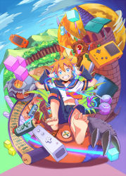 Rule 34 | 1boy, bad id, bad pixiv id, barefoot, blonde hair, blue eyes, blush, capri pants, castle, claws, cloud, controller, cube, full moon, game boy, game boy color, game controller, grin, handheld game console, headphones, highres, kagamine len, male focus, monster, moon, pants, playstation portable, potion, sagami hako, scroll, shield, smile, staff, vocaloid, wii remote