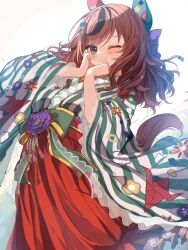 Rule 34 | 1girl, animal ears, artist name, black eyes, blush, bow, brown hair, closed mouth, commentary request, cowboy shot, cutlass (classic chocolate), ear covers, floral print, green kimono, hair bow, hair down, highres, holding, horse ears, horse girl, horse tail, japanese clothes, kimono, long hair, long sleeves, looking at viewer, medium hair, multicolored hair, nice nature (converging wishes) (umamusume), nice nature (negaino kasane) (umamusume), nice nature (umamusume), official alternate costume, official alternate hairstyle, print kimono, purple bow, simple background, smile, streaked hair, striped clothes, striped kimono, tail, two-tone hair, umamusume, vertical-striped clothes, vertical-striped kimono, wide sleeves
