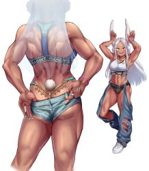 Rule 34 | 1girl, abs, absurdres, animal ears, armpits, arms up, ass, bare arms, bare shoulders, blush, boku no hero academia, crop top, dark-skinned female, dark skin, full body, grey hair, gyaru, hands up, highres, long hair, midriff, mirko, muscular, muscular female, nail polish, navel, open mouth, pants, parted bangs, rabbit ears, shoes, short shorts, shorts, solo, toin (iitoin), torn clothes, torn pants, translucent hair, white footwear, white hair
