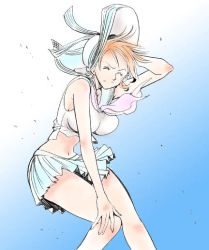 Rule 34 | 1girl, breasts, chabudai, closed eyes, female focus, hat, large breasts, midriff, nami (one piece), navel, one piece, orange hair, sailor collar, skirt, solo, tattoo, wind