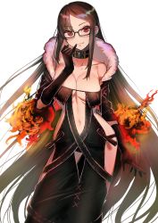 Rule 34 | 1girl, absurdres, bare hips, black-framed eyewear, black choker, black dress, black gloves, breasts, brown hair, center opening, choker, collarbone, contrapposto, dress, earrings, fate/grand order, fate (series), finger to mouth, fire, fur-trimmed jacket, fur trim, glasses, gloves, highres, jacket, jewelry, kujuu shikuro, large breasts, long hair, looking at viewer, navel, revealing clothes, solo, strapless, strapless dress, stud earrings, very long hair, white background, yu mei-ren (fate)