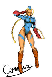 Rule 34 | 1990s (style), 1girl, ahoge, antenna hair, armband, ass, back, back cutout, bare legs, blonde hair, blue eyes, blue leotard, boots, braid, cammy white, capcom, clothing cutout, fingerless gloves, forehead, from behind, full body, garrison cap, gloves, hand on own hip, hat, high heels, highleg, highres, hip focus, huge ahoge, knee boots, knees, legs, leotard, long hair, naname neko, necktie, ribbed leotard, salute, scar, shoulder pads, solo, street fighter, street fighter zero (series), turtleneck, twin braids, very long hair, white background