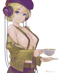 Rule 34 | 1girl, bare shoulders, beret, blonde hair, blue eyes, breasts, cleavage, collarbone, covered erect nipples, cup, darjeeling (girls und panzer), girls und panzer, hat, headphones, holding, holding cup, holding plate, jacket, jacket partially removed, large breasts, looking at viewer, military, military uniform, naked suspenders, navel, plate, simple background, skirt, solo, suspenders, teacup, uniform, upper body, white background, yurikuta tsukumi