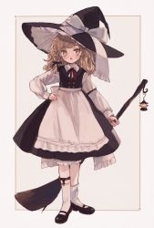 Rule 34 | 1girl, apron, black footwear, black skirt, black vest, blonde hair, bow, broom, commentary, full body, hand on own hip, hat, hat bow, highres, holding, holding broom, kirisame marisa, lantern, long hair, long sleeves, looking at viewer, mary janes, neck ribbon, open mouth, red ribbon, ribbon, shirt, shoes, skirt, socks, solo, symbol-only commentary, touhou, vest, white apron, white bow, white shirt, white socks, witch hat, yellow eyes, yujup