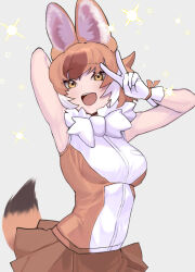 Rule 34 | 1girl, a888 n22, animal ears, bare shoulders, blush, bow, bowtie, brown hair, brown shirt, brown skirt, cowboy shot, dhole (kemono friends), dog ears, dog girl, dog tail, fur collar, gloves, highres, kemono friends, light brown hair, looking at viewer, multicolored hair, open mouth, orange eyes, pleated skirt, shirt, skirt, sleeveless, smile, solo, tail, two-tone hair, two-tone shirt, v, white bow, white bowtie, white fur, white gloves, white shirt