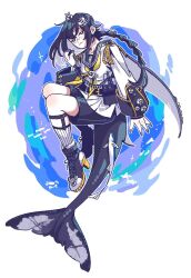 Rule 34 | + +, 1girl, :&lt;, black eyes, black footwear, black hair, black sailor collar, black shorts, blue background, braid, cetacean tail, closed mouth, coat, fins, fish tail, full body, hand up, highres, holding, long hair, long sleeves, looking at viewer, neckerchief, orca girl, original, radio, remora, rra (yj), sailor collar, shorts, simple fish, smile, tail, white coat, wide sleeves, yellow neckerchief, yellow pupils