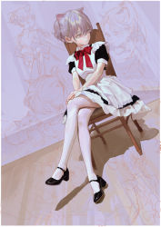 Rule 34 | 1girl, animal ears, apron, black dress, black footwear, bow, bowtie, closed mouth, crossed legs, dress, fkey, grey hair, hands on own knees, highres, maid, on chair, orange eyes, original, pantyhose, ponytail, red bow, red bowtie, shoes, short ponytail, short sleeves, sitting, sketch, solo, white apron, white pantyhose