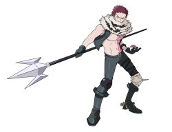 Rule 34 | 1boy, abs, arm tattoo, charlotte katakuri, chest tattoo, covered mouth, fighting stance, full body, highres, holding, holding polearm, holding weapon, male focus, one piece, pectorals, pink hair, poke ball, polearm, sasamiman, short hair, solo, spikes, stitches, style request, tattoo, toned, toned male, trident, weapon