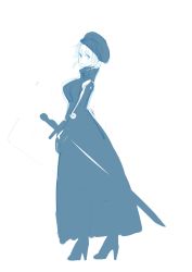Rule 34 | 1girl, beret, blue theme, breasts, dress, from behind, full body, hat, high heels, highres, looking at viewer, looking back, monochrome, open mouth, original, pokepen, short hair, simple background, sketch, solo, standing, sword, weapon, white background