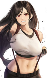 Rule 34 | 1girl, :d, arm up, armpits, bare shoulders, belt, black gloves, breasts, brown hair, clenched hand, collarbone, crop top, earrings, final fantasy, final fantasy vii, final fantasy vii remake, fingerless gloves, gloves, grin, highres, jewelry, large breasts, long hair, looking at viewer, low-tied long hair, navel, nhaliz, open mouth, red eyes, simple background, skirt, sleeveless, smile, solo, stomach, suspender skirt, suspenders, teeth, tifa lockhart, unaligned breasts, upper body, v-shaped eyebrows, very long hair, white background