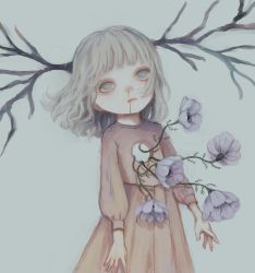 1girl antlers blood branch dress flower grey_background grey_eyes grey_flower heart heart-shaped_pupils highres horns kapura long_sleeves nosebleed original pink_dress puffy_long_sleeves puffy_sleeves purple_flower simple_background solo symbol-shaped_pupils upper_body