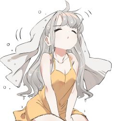 Rule 34 | 1girl, ahoge, armpit crease, arms between legs, bare shoulders, collarbone, dripping, closed eyes, green hair, grey hair, long hair, open mouth, original, simple background, sitting, solo, towel, wet, white background, wwwrkgk