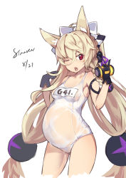Rule 34 | 1girl, animal ear fluff, animal ears, blonde hair, braid, breasts, contrapposto, covered navel, cowboy shot, cropped legs, fox ears, g41 (beach punk 2064) (girls&#039; frontline), g41 (girls&#039; frontline), girls&#039; frontline, gloves, hair bobbles, hair ornament, highres, lactation, lactation through clothes, long hair, looking at viewer, nib pen (medium), official alternate costume, one-piece swimsuit, one eye closed, pregnant, pussy juice, pussy juice trail, red eyes, school swimsuit, see-through, simple background, small breasts, solo, standing, stmast, swimsuit, traditional media, twintails, very long hair, white background, white one-piece swimsuit