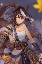 Rule 34 | 1girl, absurdres, animal ears, arrow (projectile), autumn leaves, bare shoulders, bow (weapon), chest sarashi, commentary request, detached sleeves, ear ornament, falling leaves, highres, holding, holding bow (weapon), holding weapon, horse ears, horse girl, horse tail, leaf, long hair, looking at viewer, nekogusa kinako, obi, official alternate costume, official alternate hairstyle, ponytail, purple eyes, sarashi, sash, single sleeve, smile, solo, symboli rudolf (archer of the white moon) (umamusume), symboli rudolf (umamusume), tail, umamusume, very long hair, weapon