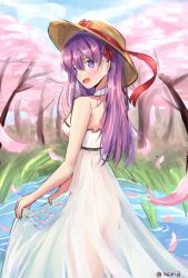 Rule 34 | 1girl, breasts, cherry blossoms, fate/stay night, fate (series), female focus, hat, highres, i.f.s.f, long hair, matou sakura, no panties, purple eyes, purple hair, see-through, sideboob, solo, strapless, straw hat, twitter username, type-moon, wading, water