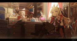 Rule 34 | 2girls, blonde hair, blunt bangs, book, bookshelf, bow, bracelet, brown gloves, brown hair, cagliostro (granblue fantasy), capelet, clarisse (granblue fantasy), crossed legs, desk, feb itk, female focus, flask, from below, gloves, granblue fantasy, hair ribbon, headband, indoors, jewelry, letterboxed, light particles, long hair, multiple girls, ponytail, potion, purple eyes, ribbon, round-bottom flask, sitting, standing, thighhighs
