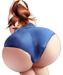 Rule 34 | 1girl, a2bnis, ass, ass focus, back, bad id, bad pixiv id, blue one-piece swimsuit, brown hair, cameltoe, crotch seam, face down, female focus, from behind, highres, hip focus, huge ass, legs together, leotard, one-piece, one-piece swimsuit, ponytail, realistic, simple background, skin tight, skindentation, solo, stretching, swimsuit, thighs, top-down bottom-up, white background, wide hips