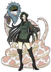 Rule 34 | 1girl, alternate costume, armband, boa hancock, boots, cosplay, earrings, full body, hat, highres, impel down, jewelry, military, military uniform, miniskirt, one piece, peaked cap, pencil skirt, salome (one piece), skirt, snake, solo, thigh boots, thighhighs, third-party edit, uniform
