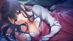 Rule 34 | 1girl, ai kiss 2, bed, black hair, blurry, blurry background, blush, breasts, brown eyes, closed mouth, facing viewer, female focus, game cg, giga (company), happy, highres, indoors, kirisawa saki, large breasts, long hair, looking at viewer, lying, mole, mole under eye, on bed, on side, original, pillow, saegusa ayame, smile, solo, unbuttoned, unbuttoned shirt, under covers