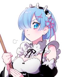 Rule 34 | 1girl, annoyed, apron, black dress, black ribbon, blue eyes, blue hair, broom, closed mouth, collar, commentary request, detached sleeves, dress, frilled collar, frills, hair ornament, hair over one eye, hair ribbon, hairclip, holding, holding broom, honla, long sleeves, looking at viewer, maid, maid apron, maid headdress, neck ribbon, one eye covered, partial commentary, pink ribbon, pout, re:zero kara hajimeru isekai seikatsu, rem (re:zero), ribbon, short hair, simple background, solo, upper body, white background, x hair ornament