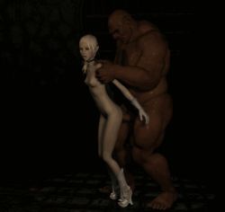 Rule 34 | 1boy, 1girl, 3d, animated, animated gif, arm grab, bent over, blonde hair, breasts, choker, collarbone, dungeon, elf, facing viewer, full body, gloves, half-closed eyes, high heels, large insertion, legs together, lips, long hair, moaning, monster, nipples, nose, nude, open mouth, penis, pointy ears, sex, shoes, small breasts, standing, tagme, toeless footwear, uncensored, white footwear, white gloves