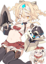 Rule 34 | 2girls, black thighhighs, blade (galaxist), blonde hair, braid, breasts, cleavage, commentary request, cosplay, eremite desert clearwater (genshin impact), eremite desert clearwater (genshin impact) (cosplay), genshin impact, highres, holding, holding sword, holding weapon, looking at viewer, lumine (genshin impact), midriff, multiple girls, navel, open mouth, paimon (genshin impact), purple eyes, red skirt, short hair, simple background, skirt, small breasts, sword, thighhighs, twin braids, weapon, white background, white hair, yellow eyes