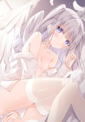 Rule 34 | 1girl, bare shoulders, blue eyes, blush, collarbone, covering crotch, covering privates, feathers, grey hair, hand up, highres, hoshi (snacherubi), knees up, long hair, long sleeves, looking at viewer, messy hair, off shoulder, open clothes, open shirt, original, panties, parted lips, sidelocks, sitting, solo, thighs, two side up, underwear, white legwear, white panties, wings