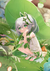 Rule 34 | 1girl, 5others, absurdres, bracelet, dress, expressionless, feet, flower, genshin impact, giant leaf, gradient hair, green eyes, green hair, grey hair, hair ornament, hand on own face, head rest, highres, holding, holding leaf, jewelry, leaf, leaf umbrella, long hair, multicolored hair, multiple others, nahida (genshin impact), no shoes, outdoors, pointy ears, short dress, side ponytail, sleeveless, sleeveless dress, socks, squatting, toeless footwear, toes, two-tone hair, ukai (user rvvf3458), water, white dress, white socks