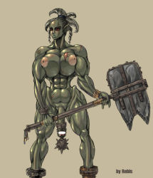 Rule 34 | 1girl, abs, censored, colored skin, flail, futanari, green skin, hammer, lineage, lineage 2, monster girl, muscular, nipples, no testicles, orc, penis, rebis, red eyes, scar, solo, weapon