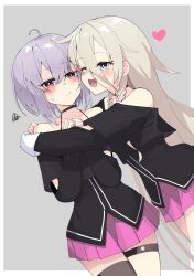 Rule 34 | 2girls, a.i. voice, ahoge, bare shoulders, blue eyes, cheek-to-cheek, cosplay, heads together, heart, highres, hug, ia (vocaloid), ia (vocaloid) (cosplay), long sleeves, matching outfits, multiple girls, open mouth, pink skirt, purple hair, skirt, thigh strap, vocaloid, voiceroid, yuzuki yukari, yuzuki yukari (shizuku), zooanime