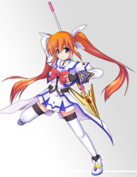 Rule 34 | 00s, 1girl, blue eyes, bow, bowtie, fingerless gloves, gem, gloves, holding, holding weapon, kajun, long sleeves, looking at viewer, lyrical nanoha, magical girl, mahou shoujo lyrical nanoha, mahou shoujo lyrical nanoha strikers, orange hair, polearm, purple eyes, raising heart, raising heart (exelion mode), red bow, red bowtie, red hair, solo, spear, takamachi nanoha, takamachi nanoha (aggressor mode), thighhighs, twintails, waist cape, weapon, white thighhighs, zettai ryouiki