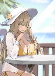 Rule 34 | 1girl, bikini, blue archive, blush, breasts, brown hair, cleavage, cup, day, green eyes, hair between eyes, halo, hat, highres, kagerou (gigayasoma), large breasts, long hair, long sleeves, looking at viewer, nonomi (blue archive), nonomi (swimsuit) (blue archive), open clothes, open mouth, open shirt, orange bikini, shirt, solo, sun hat, swimsuit, table, tropical drink, very long hair, white hat, white shirt